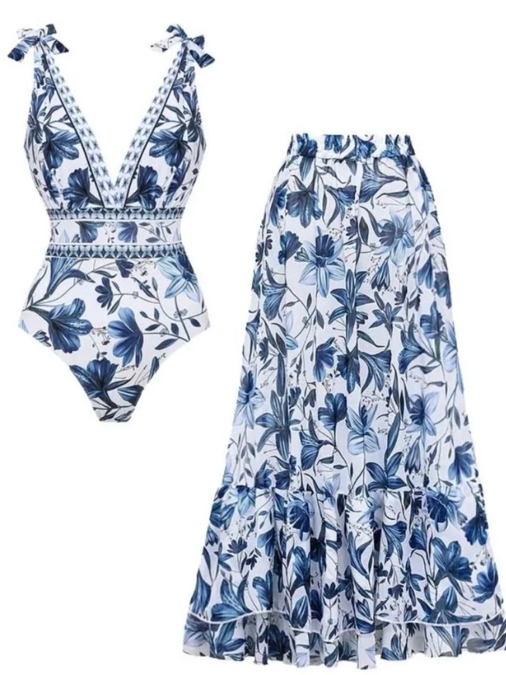 BloomChic Blue and White Floral One-Piece with Matching Skirt